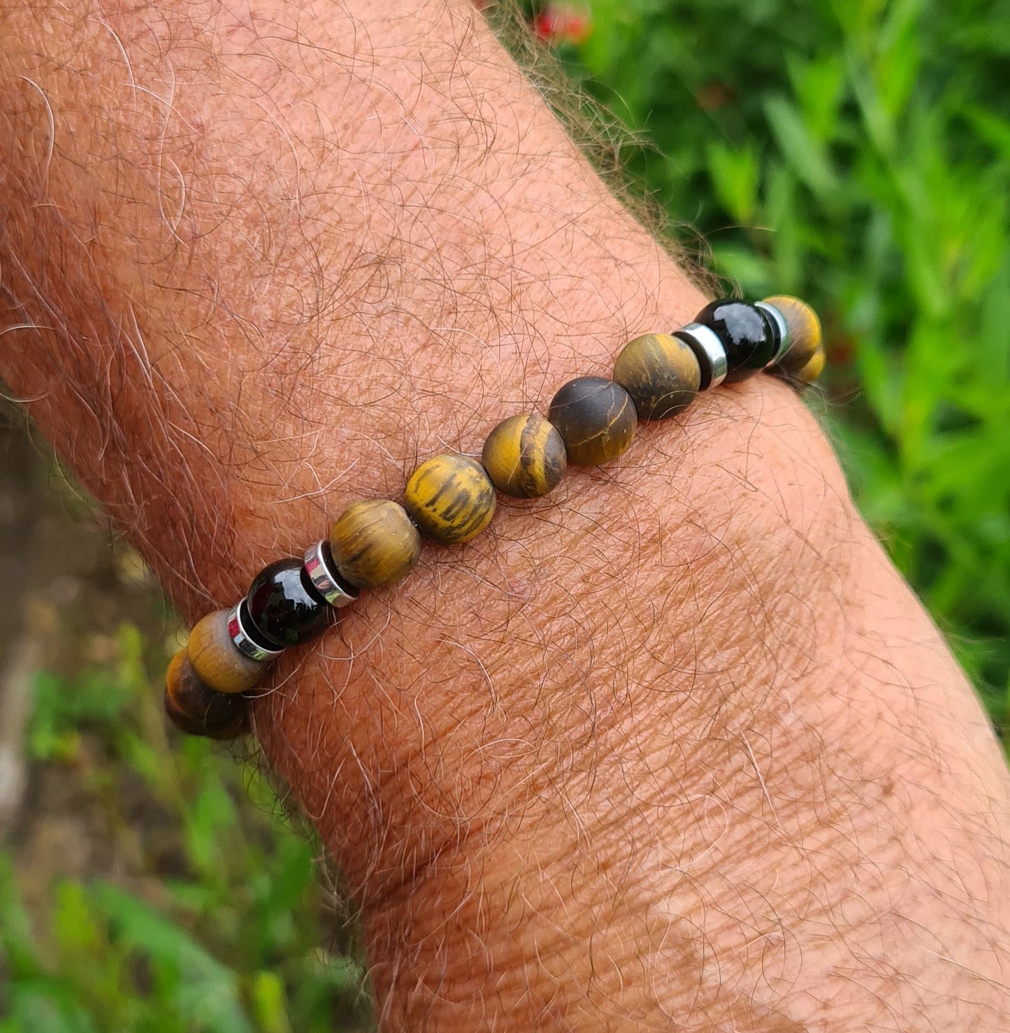 Bracelet "Noun" Onyx, Oeil de tigre dépoli et Hématite 8mm