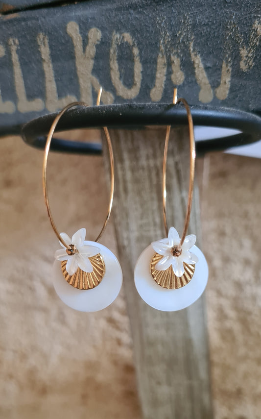 Boucles d'oreilles "Alix" Créoles sequin de nacre, fleur et hématite