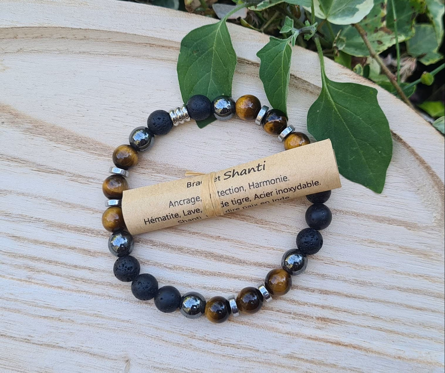 Bracelet "Shanti" Oeil de tigre, hématite, pierre de lave 8mm