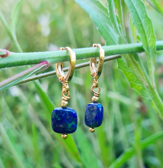Boucles d'oreilles "Éléa" Azurite malachite dorées à l'or fin 24kt