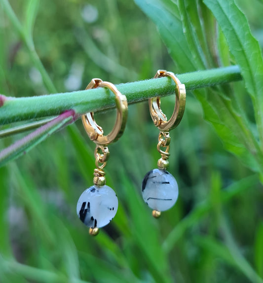 Boucles d'oreilles "Éléa" Quartz rutilé noir dorées à l'or fin 24kt