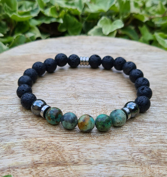 Bracelet "Avani" Jaspe turquoise d'Afrique et pierre de lave 8mm