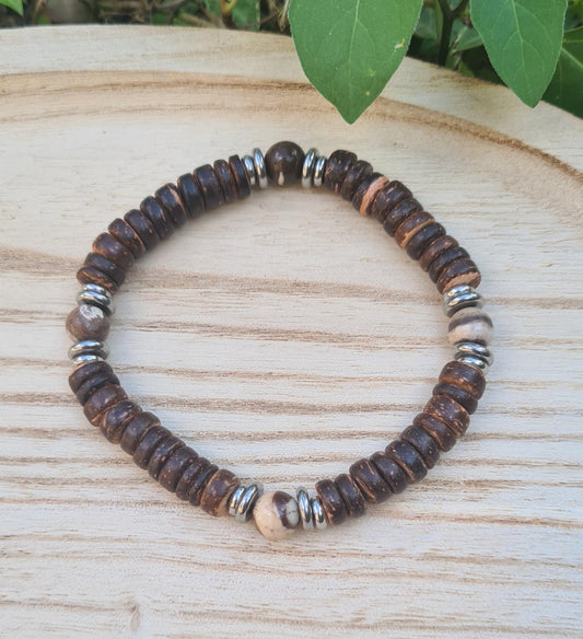 Bracelet "Ajala" Bois de coco et jaspe zèbre 8mm