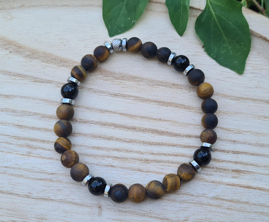 Bracelet "Noun" Onyx, Oeil de tigre dépoli et Hématite 8mm