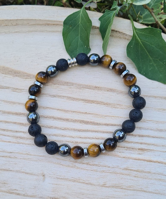 Bracelet "Shanti" Oeil de tigre, hématite, pierre de lave 8mm