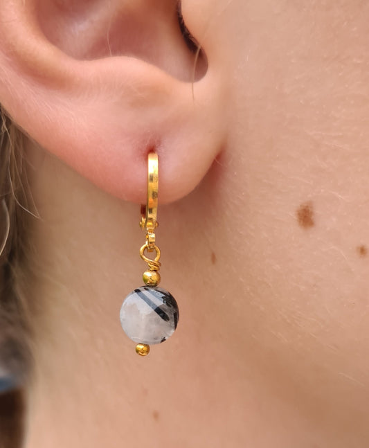 Boucles d'oreilles "Éléa" Quartz rutilé noir dorées à l'or fin 24kt